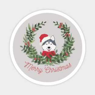 Siberian Husky with Red Santa Hat and Scarf with Green Mistletoe and Merry Christmas Sign Magnet